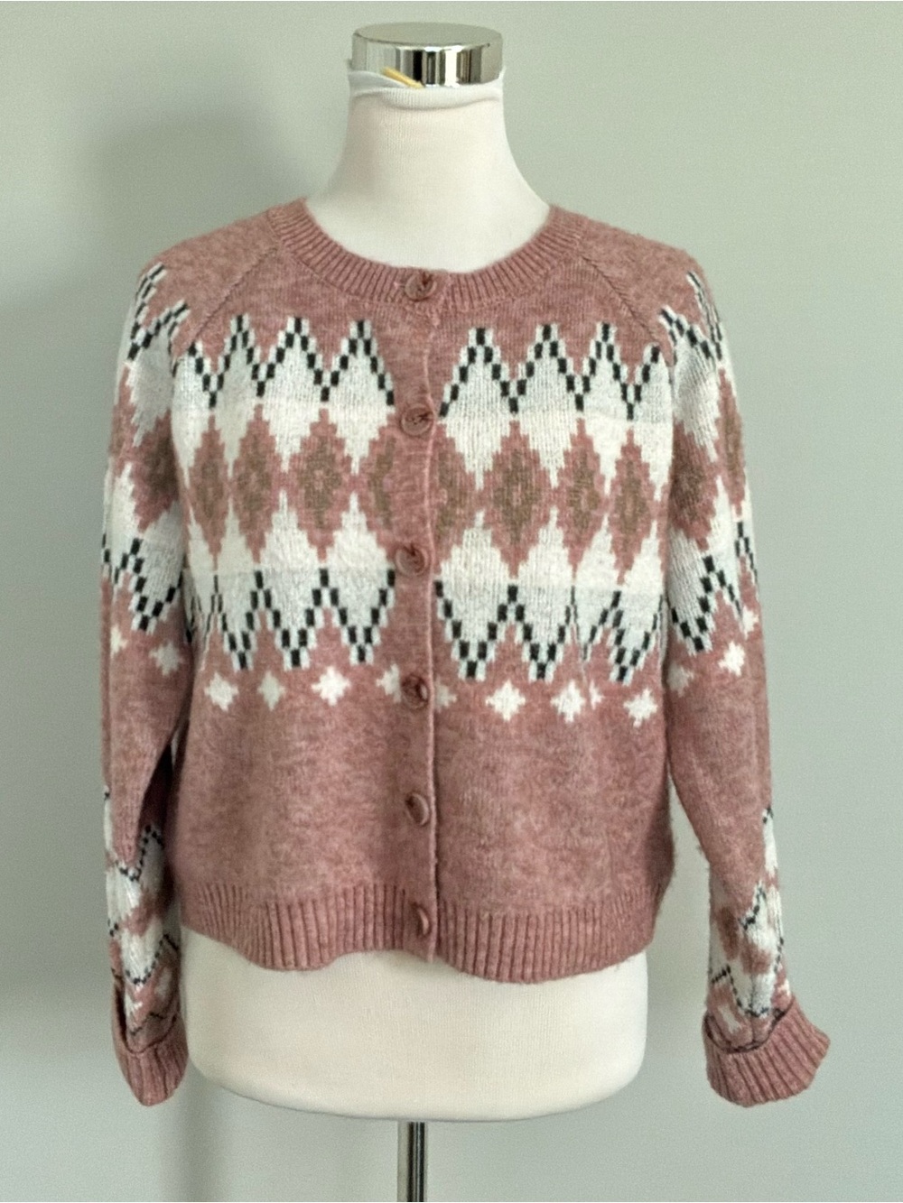 Frye Boho Cozy Winter Nordic Fair Isle Knit Pattern Cropped Cardigan Pink-MEDIUM